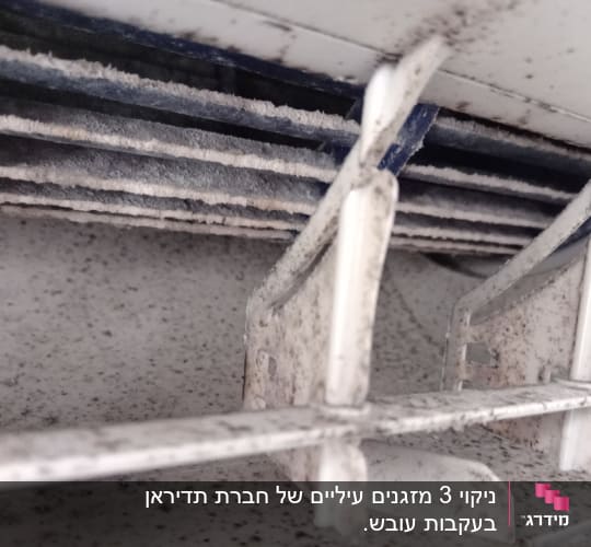 תקריב של תריסי מזגן מלוכלכים באבק ולכלוך